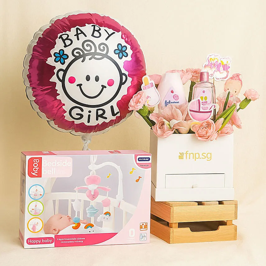 Pink Box Baby Girl Gift Set with Flowers, Balloon & Baby Care Kit