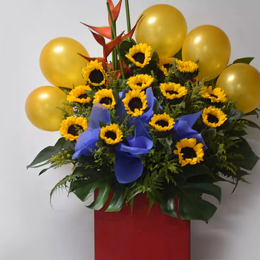 Sunflowers And Orange Balloons Flower Stand