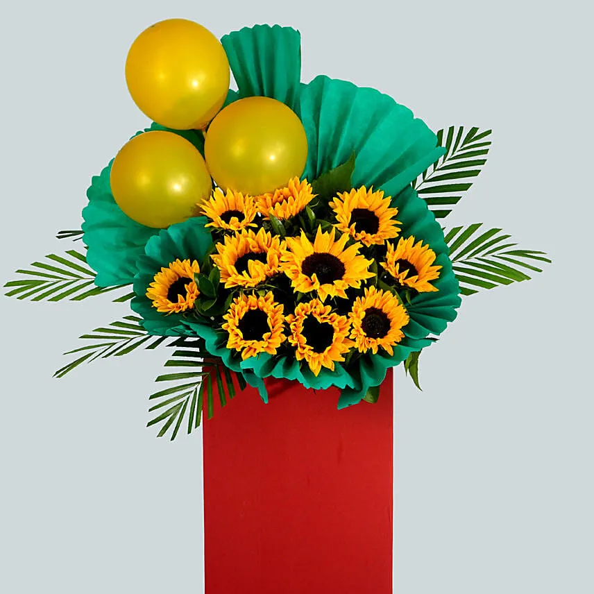 Mixed Flowers Green Balloons Cardboard Stand