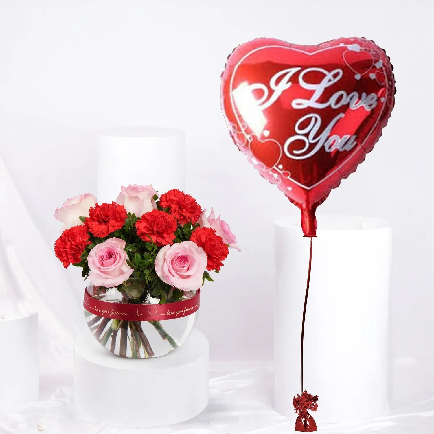 Romantic Valentine Combo: Elegant Flower Bowl with Heart Balloon