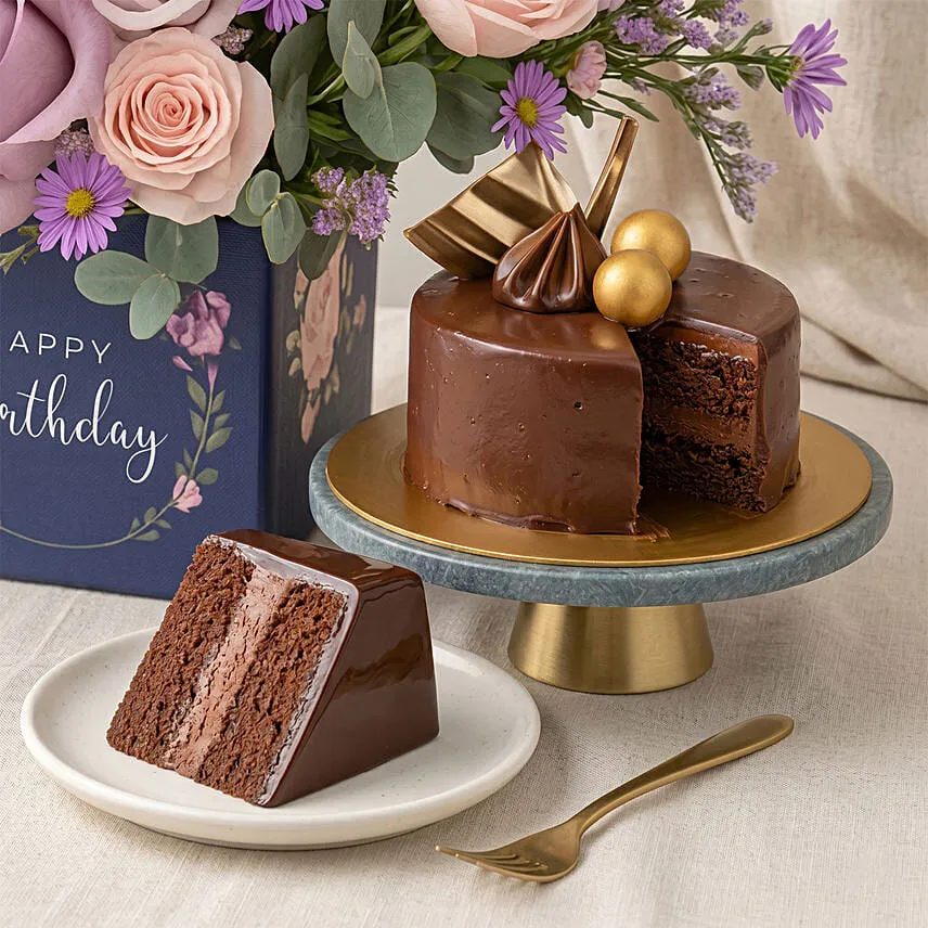 Birthday Roses Arrangement and Chocolate Cake
