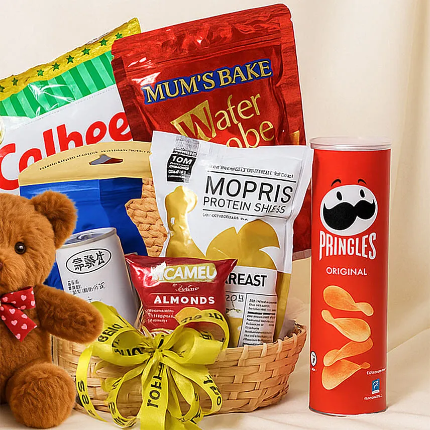 Delightful Treat In Willow Basket With Teddy