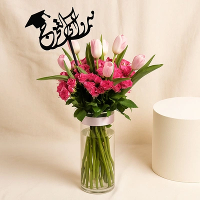 Elegant Pink Tulip And Baby Rose Bouquet In Vase  For Graduation