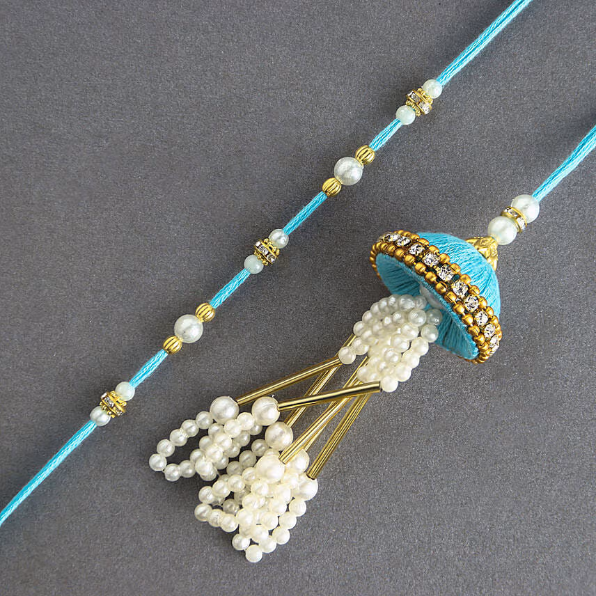 Tranquil Teal Jhumar Pearl Rakhi set for Bhaiya Bhabhi