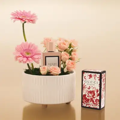 Gucci Bloom Perfume For Her with Pink Flowers Vase