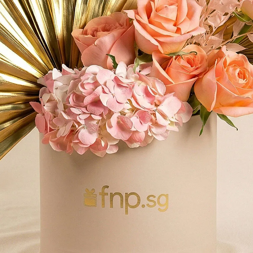 Elegant Peach Rose & Golden Palm Floral Box