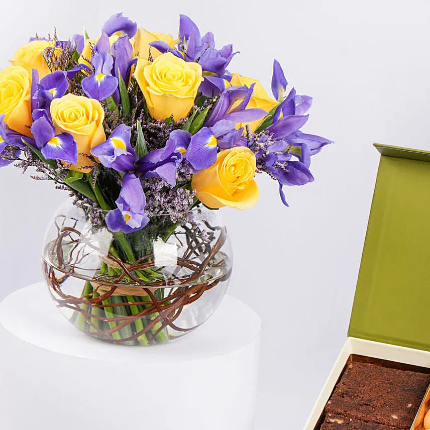 Iris and Roses Flowers with Treats Box