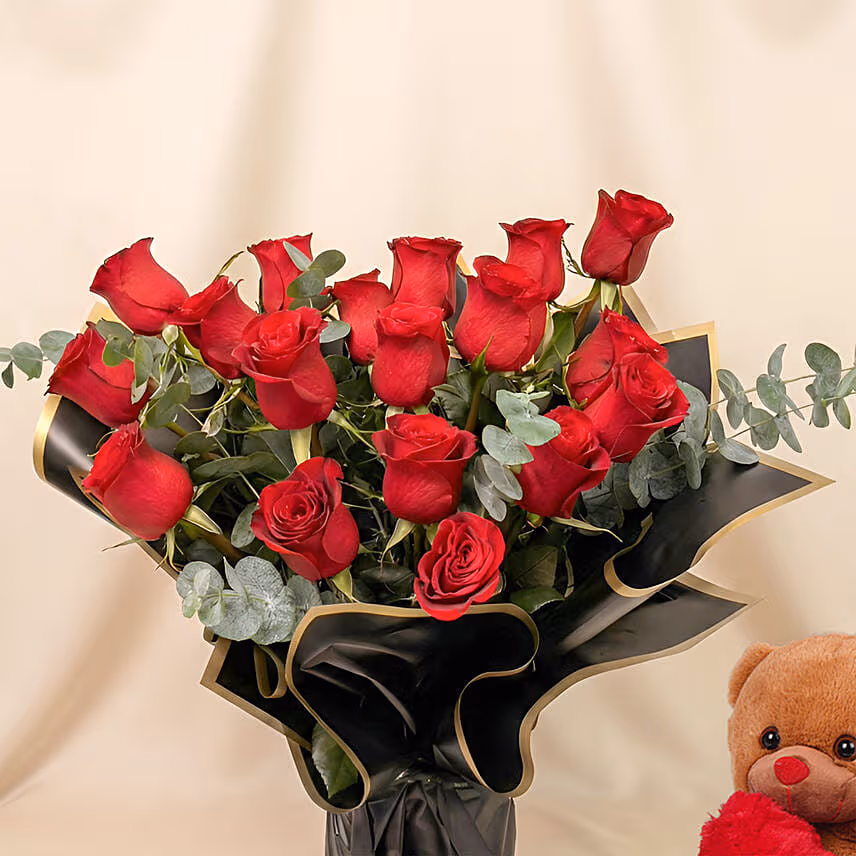 Beautiful Boquet Of 24 Red Roses With Teddy