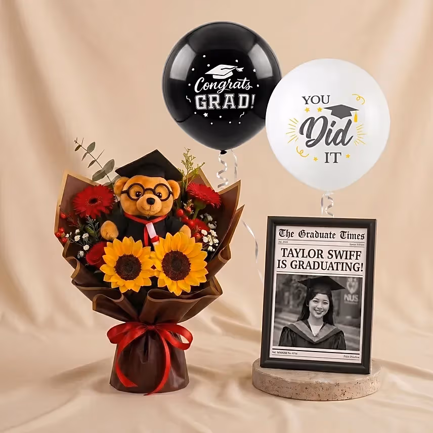 Graduation News Flash Photo Frame & Flowers