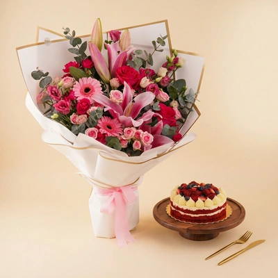 Blush Bloom Pink Flower Bouquet - With Cake