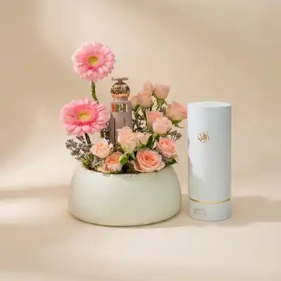 Elegant Rose & Gerbera Floral Arrangement with Ahl Perfume