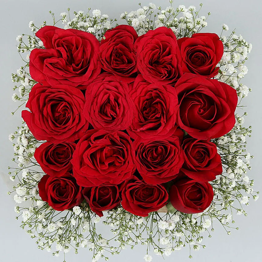 16 Scarlet Roses Showcase on Wooden Base