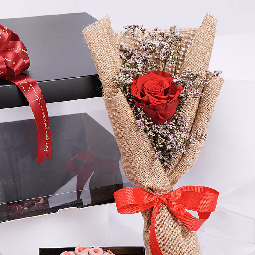 Valentines Teddy Cake and Forever Rose Box