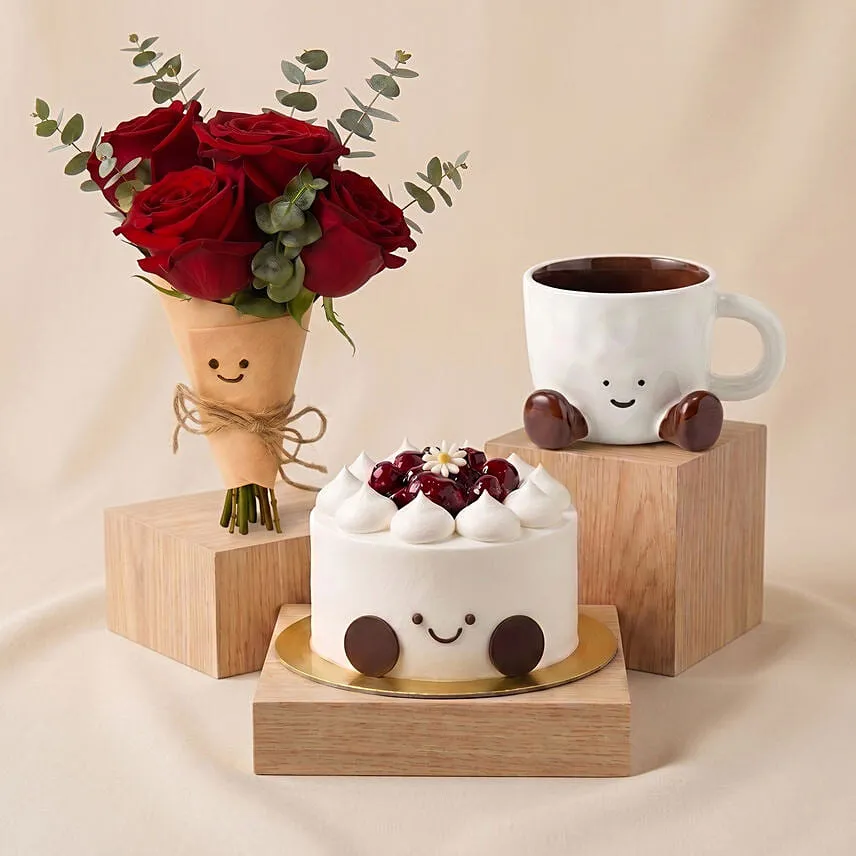 Jellycat Gift set with Bouquet, Brown Mug and Cake