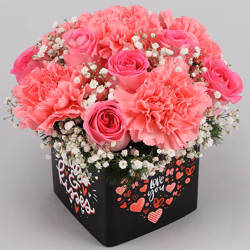 Pink Roses And Carnations In Love You Sticker Vase