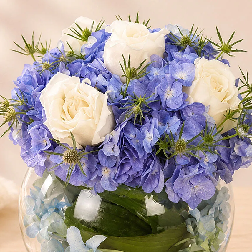 Elegant Blue Hydrangea & White Rose Glass Bowl Gift