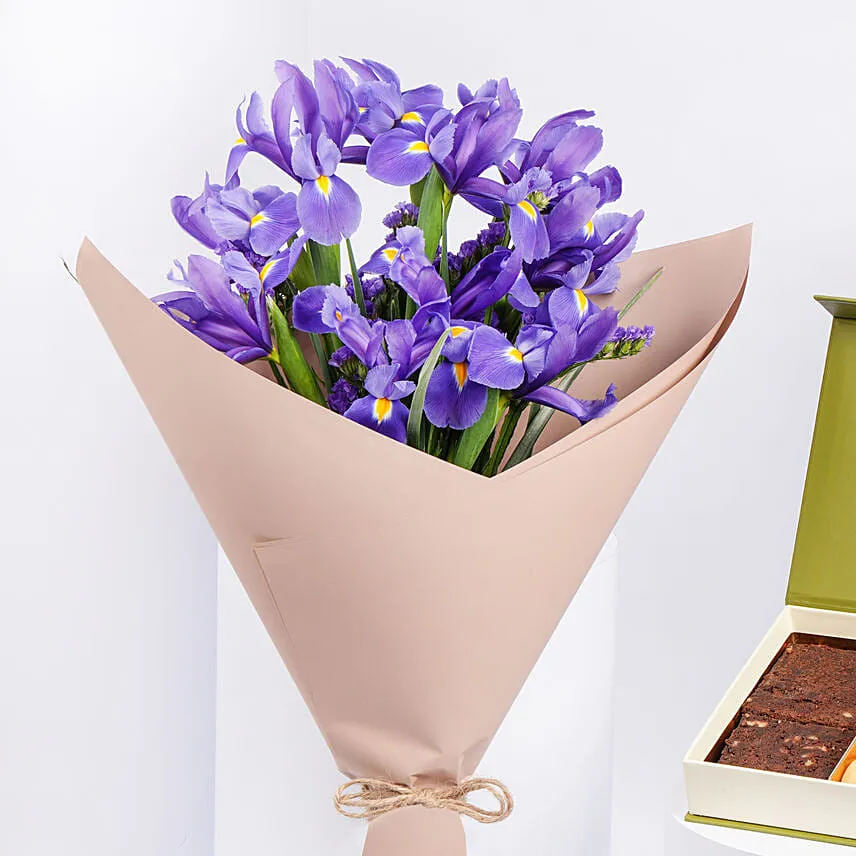 February Birthday Iris Bouquet and Treats Box Combo