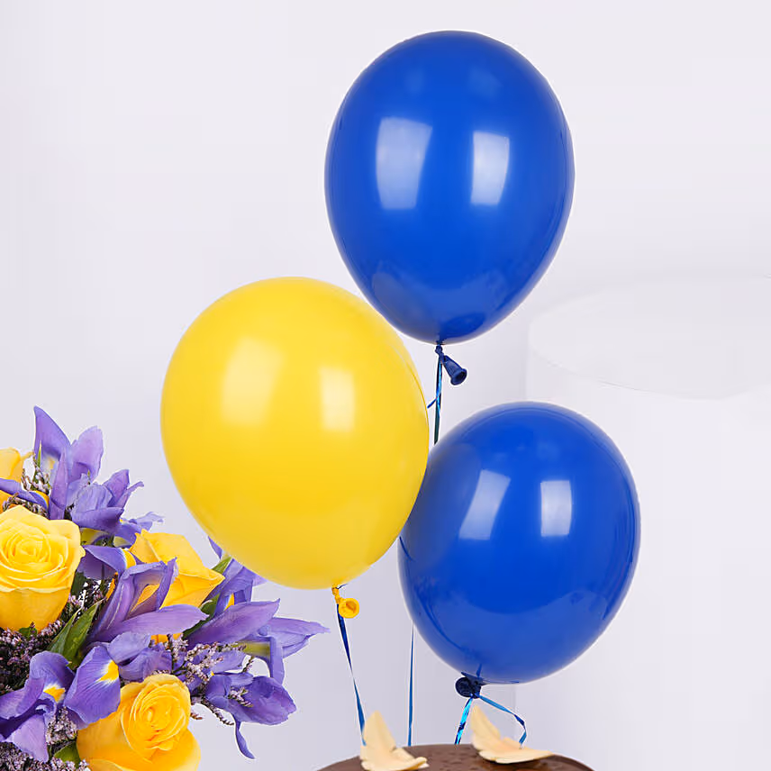 Iris Flowers with Birthday Cake and Balloons