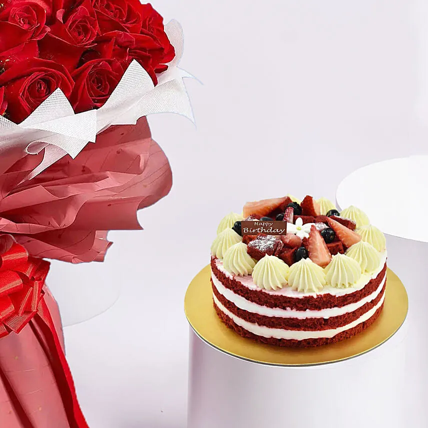 Majestic Red Roses With Red Velvet Birthday Cake