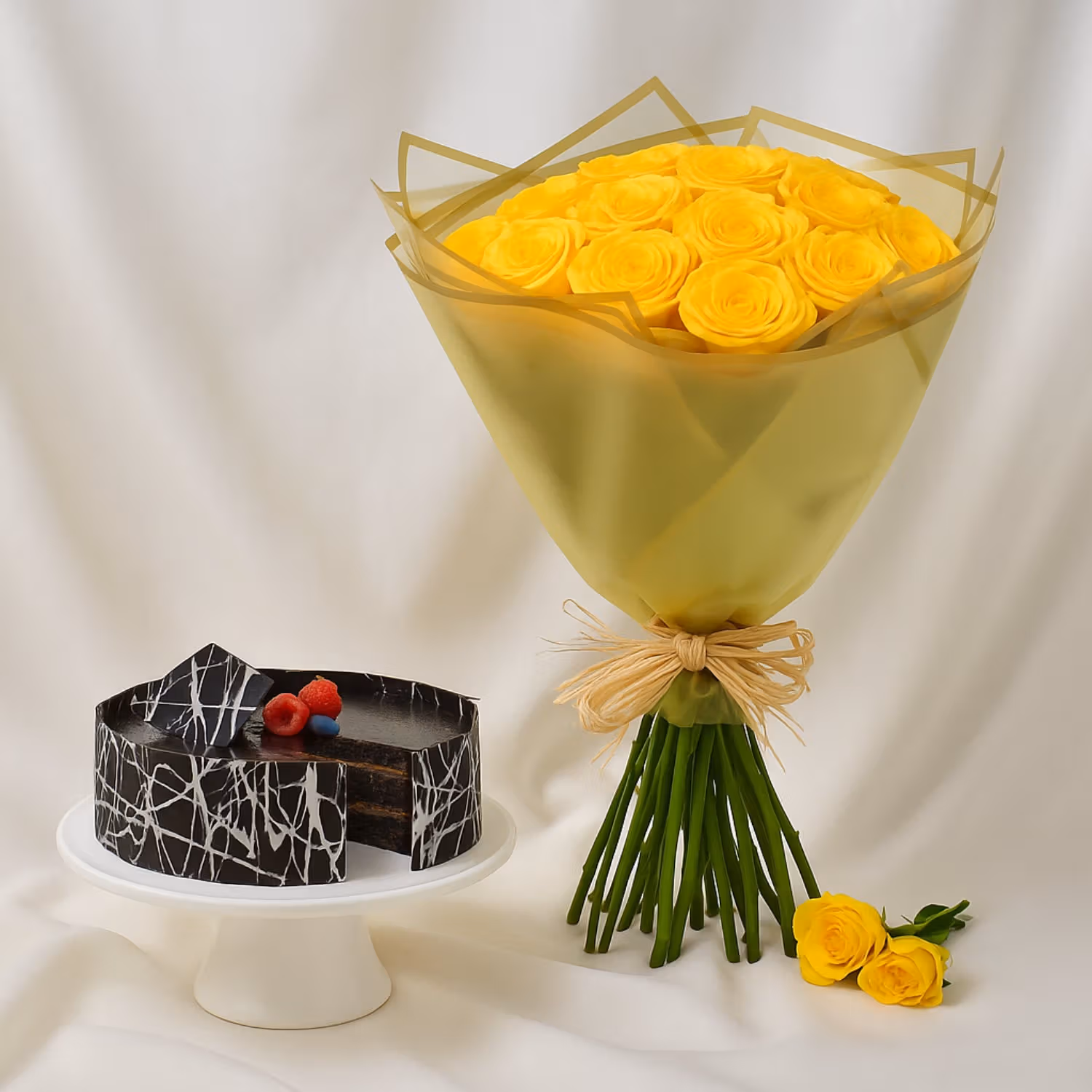 Radiant Sunshine: Elegant Bouquet of 20 Roses - With Fruit Cake