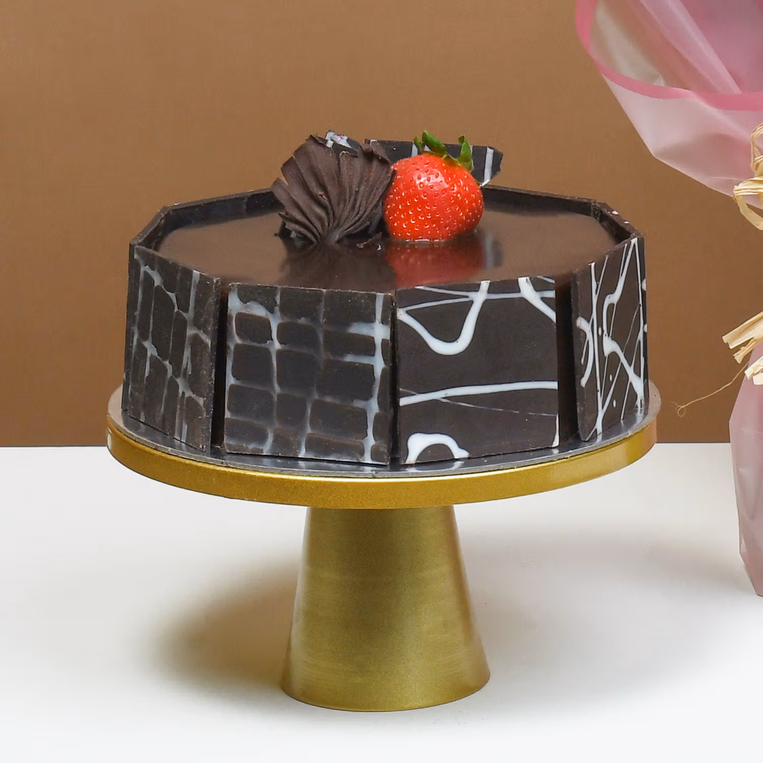 Enchanting Red and Pink Roses Bouquet with Decadent Chocolate Cake