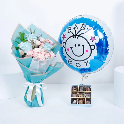 Empire Chocolate Gift Set: Baby Blue Box with Bouquet & Baby Boy Balloon - Chocolate 9 Pcs