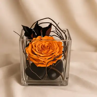 Elegant Fiery Orange Rose in a Glass Vase - Forever Garden Collection