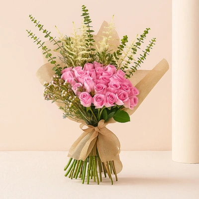 25 Pink Roses Bouquet With Eucalyptus