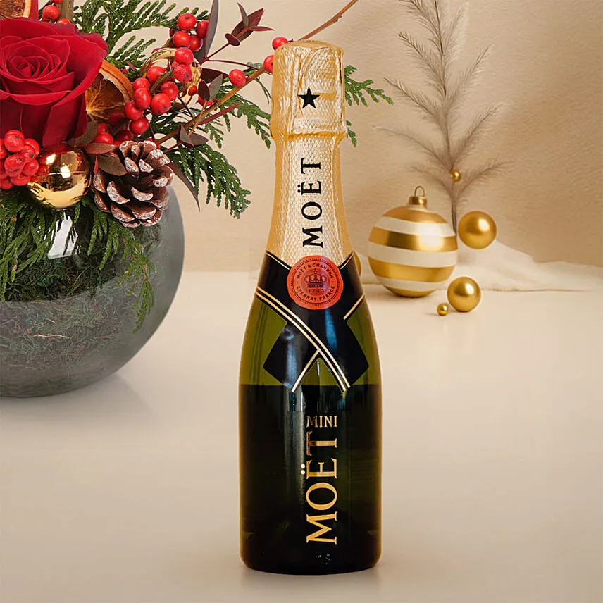 Elegant Christmas Candle Floral Bowl - Moet Mini and Plum Cake Bundle