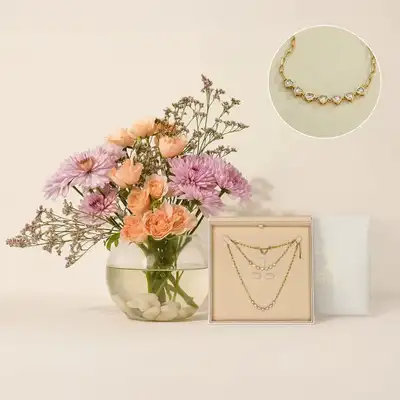Elegant Mother's Garden: Floral Arrangement & Gold-Finish Necklace Gift Set