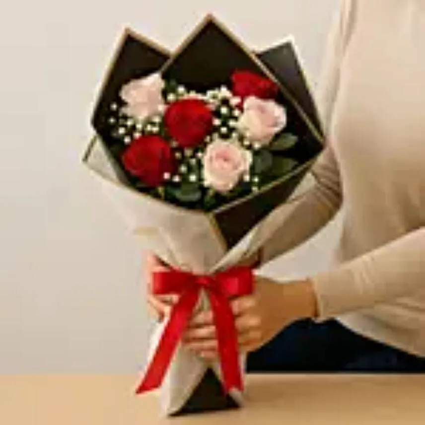 3 Pink N 3 Red Roses Bouquet Add
