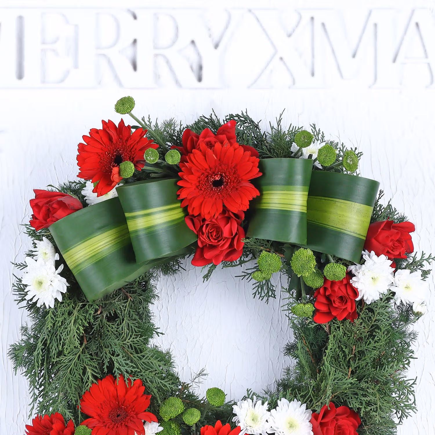 Festive Jolly Christmas Floral Wreath with Roses and Gerberas