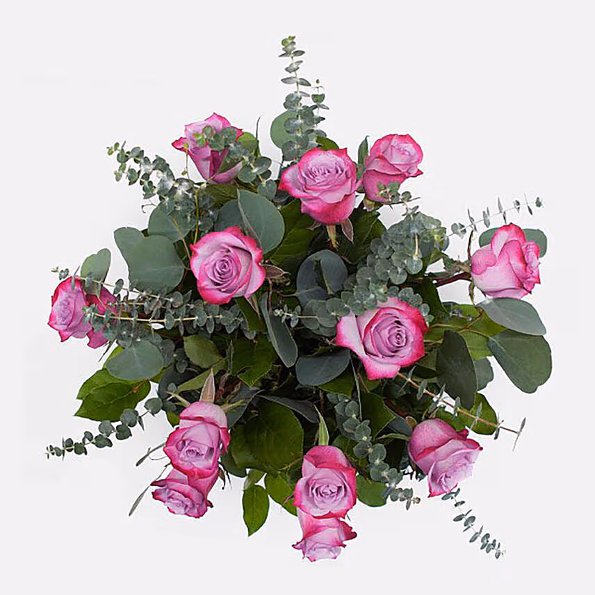 Bunch of 12 Purple Roses Glass Vase Arrangement