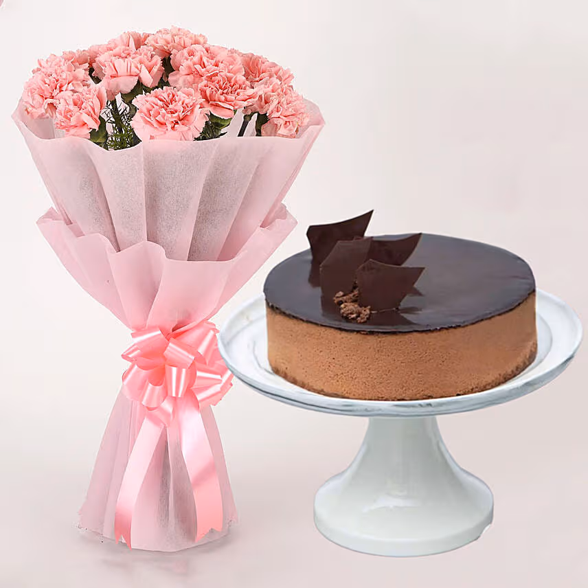 Pretty Pink Carnations Bouquet with Chocolate Cake