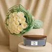 HypnoFlora – Bloom of Stillness: Elegant White Rose Bouquet with Aromatic Candle