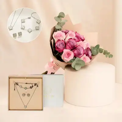 Elegant Pink & Purple Rose Bouquet with Silver Blossom Jewelry Set