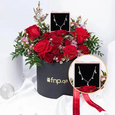 Exquisite Romantic Red Roses with Sterling Silver Love Necklace