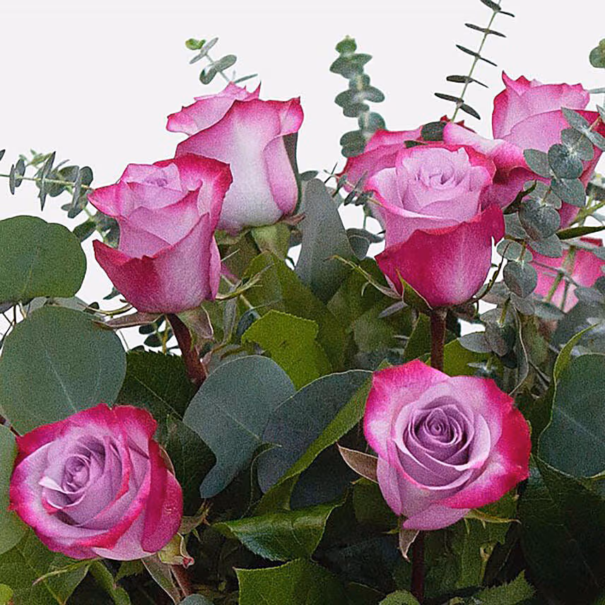Bunch of 12 Purple Roses Glass Vase Arrangement