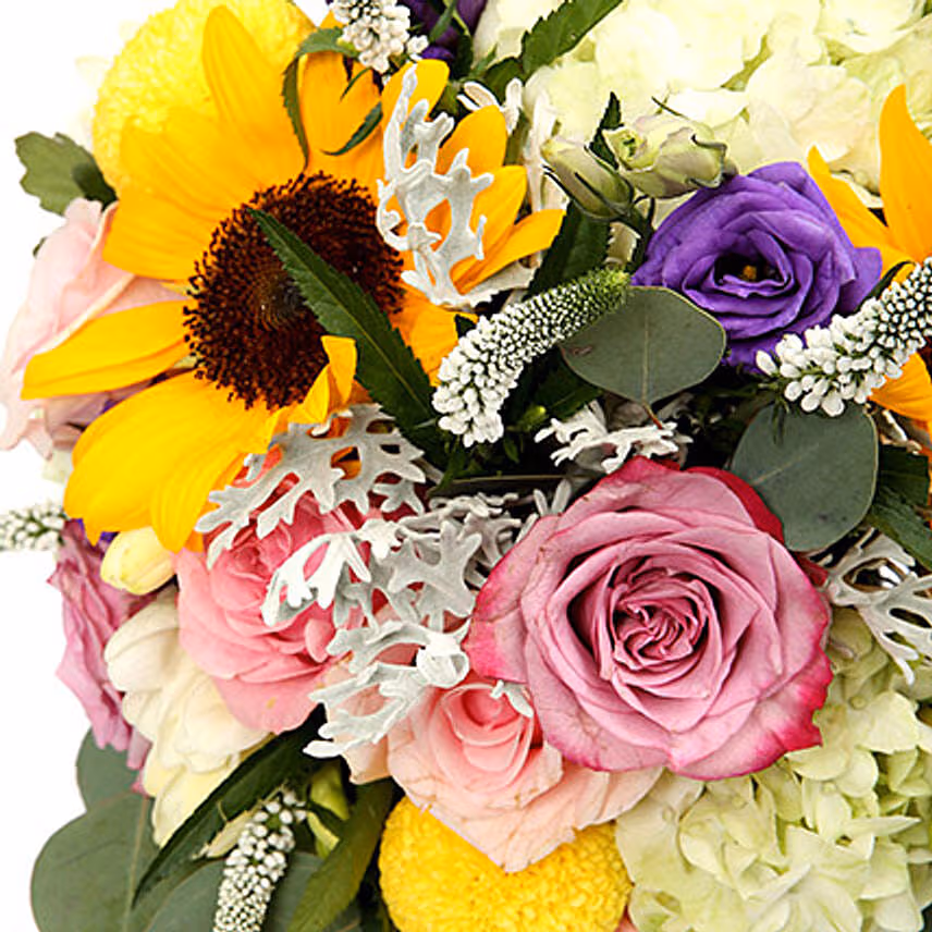 Vivid Roses and Sunflower Mixed Flower Vase