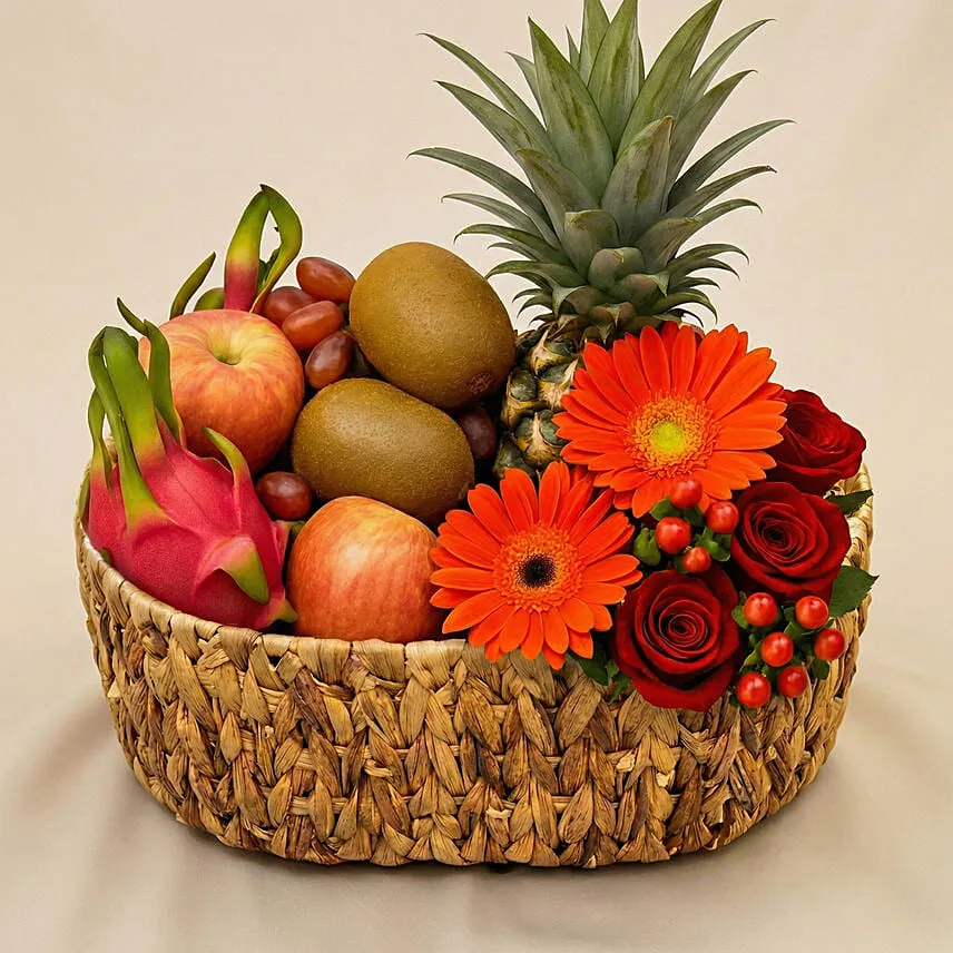Mixed Flowers & Assorted Fruits Brown Basket