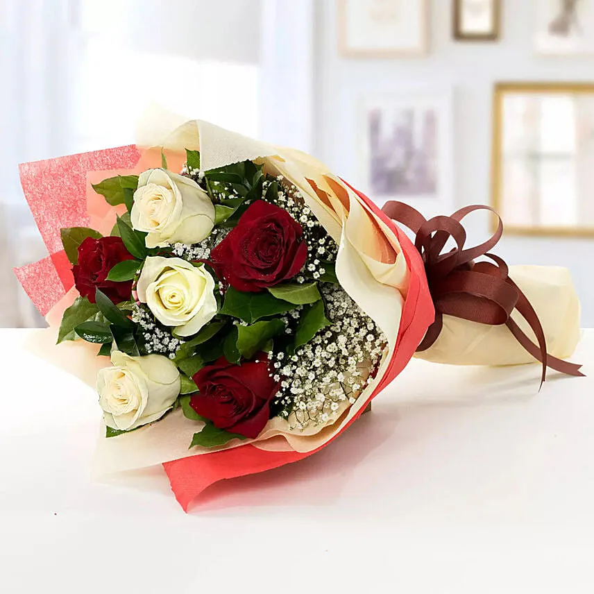 Red N White Roses With Mini Moet Champagne