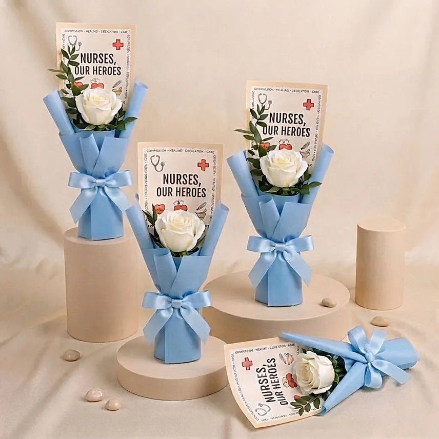 Nurses, Our Heroes - White Rose Mini Bouquet x4