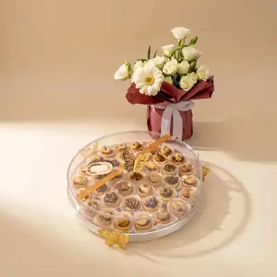 Elegant White Rose Bouquet & Gourmet Nut Tart Tray - Combos