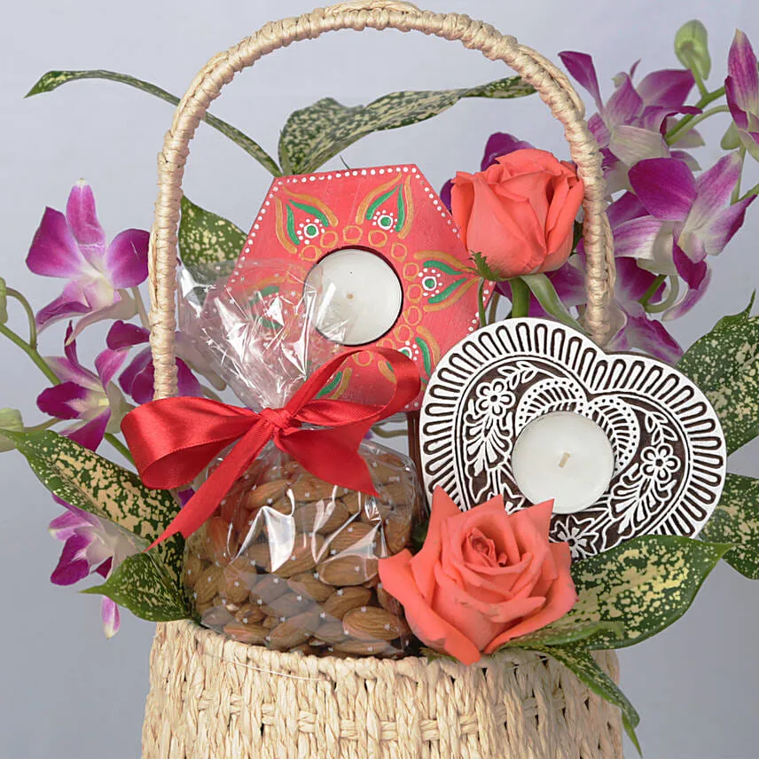 Flowers Nuts and Tea Lights Basket Deepavali