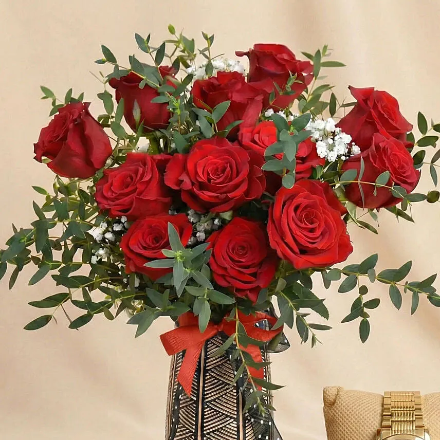 Valentines Day Roses and Watch Gift For Him