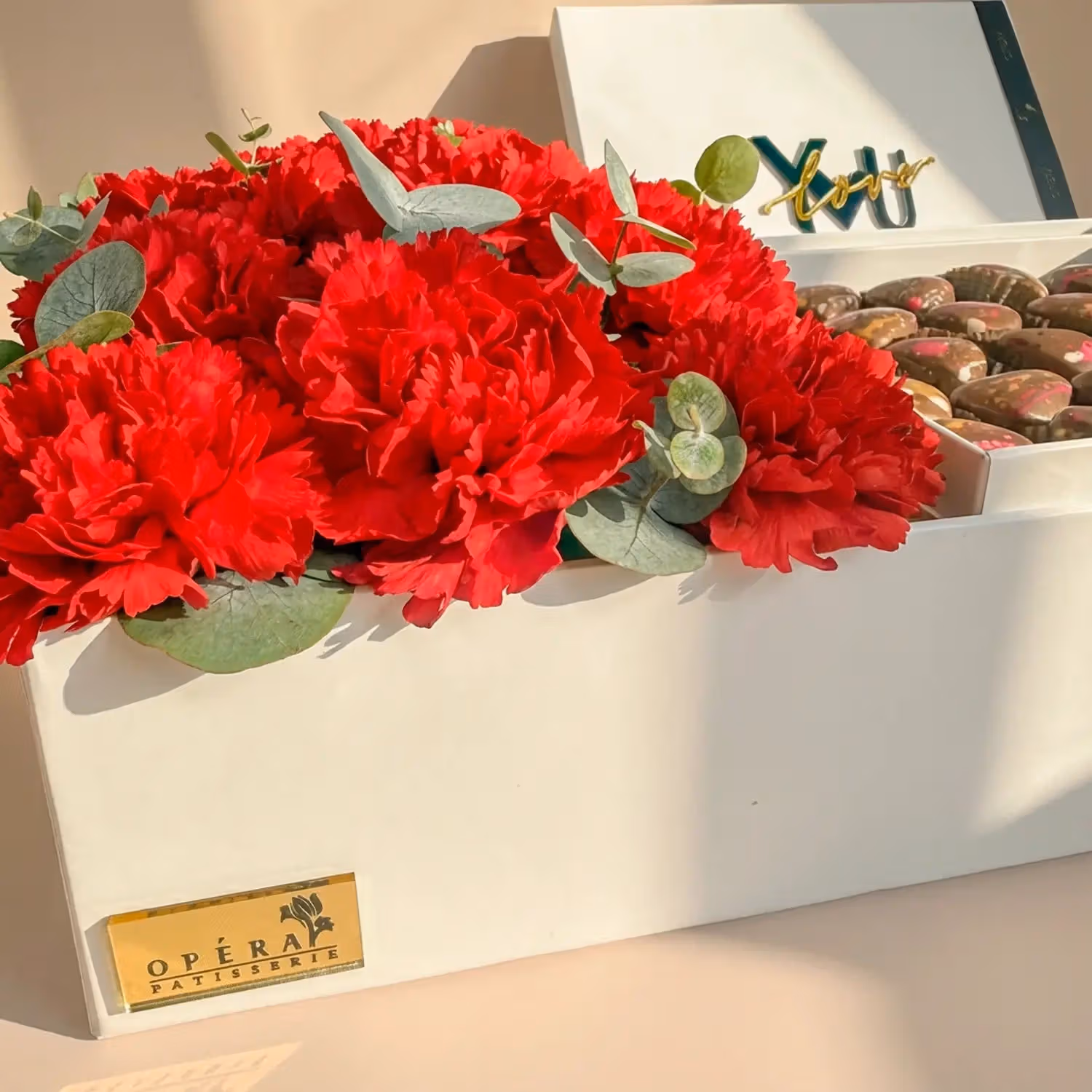 Romantic Red Carnations & Gourmet Chocolate Gift Box