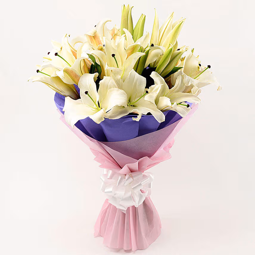 Lovely White Oriental Lilies Bouquet with Moet Champagne 200ml