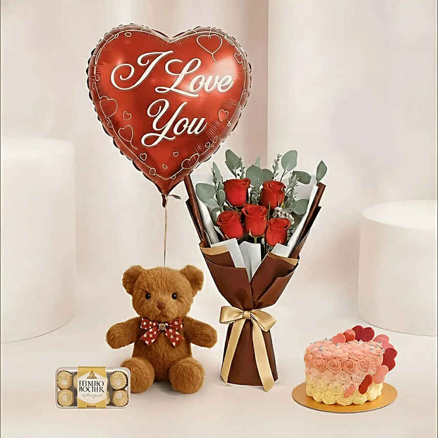 Adorable Love Gift Combo Arrangement with Floral Heart Cake