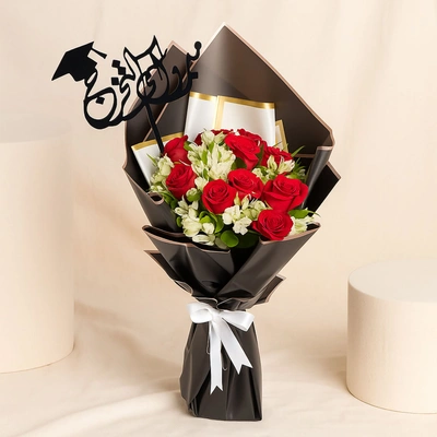 Red Roses And Alstroemeria In Black Wrapping For Graduation
