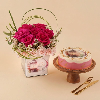 Eid Mubarak Pink Roses & Delightful Cake